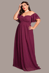 Chiffon Evening Dress – Straight Shoulder Long Bridesmaid and Bridal Gown with Loose Fit and Large Sleeves