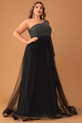 Plus Size One Sleeve Mesh Evening Dress – Elegant Diamond Patchwork Prom Party Gown