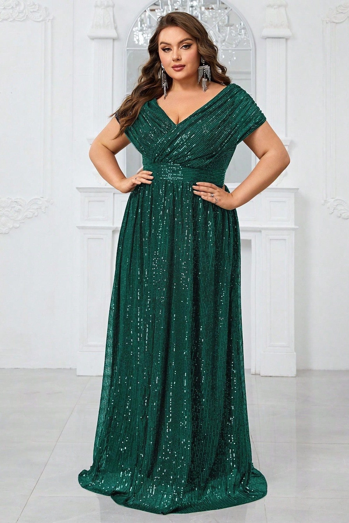 Shiny Sequin Plus Size V-Neck Dress – Shawl Sleeve Formal Evening Wear