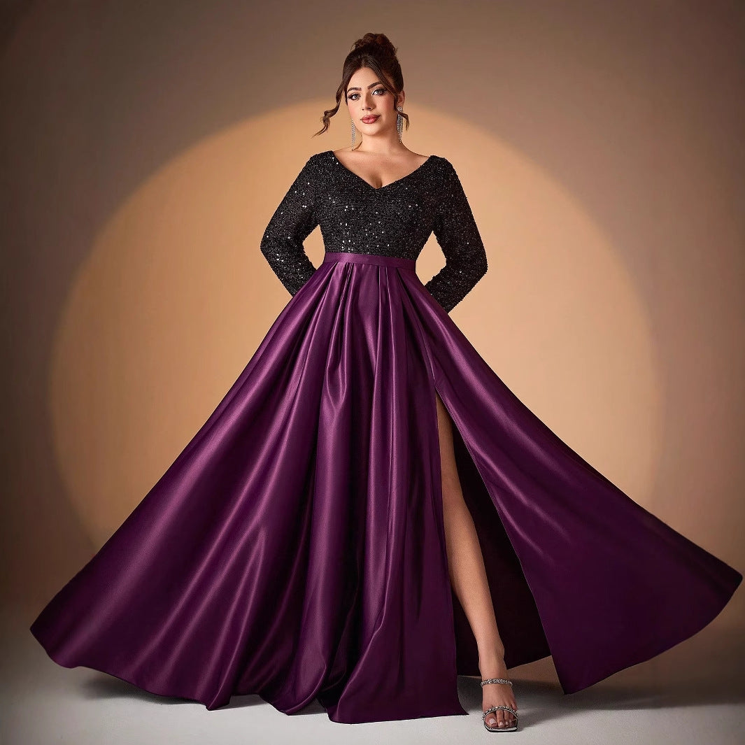 Black Satin Sequin Evening Gown – V-Neck Long Sleeve Elegant Prom & Host Dress