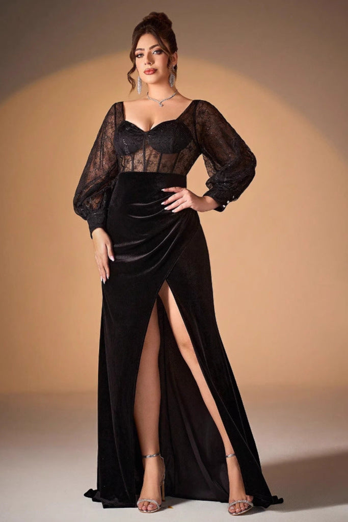Sexy Long Sleeve Evening Dress – See-Through Low Cut Slit Gown