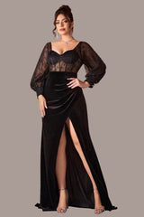 Sexy Long Sleeve Evening Dress – See-Through Low Cut Slit Gown