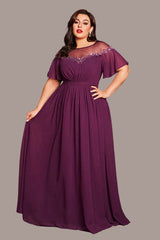 Plus Size Sequin Evening Dress – Elegant Round Neck Bridesmaid and Party Gown