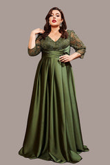 Plus Size Satin Evening Dress – Elegant V-Neck Long Sleeve Gown with Sequins and Slim Long Skirt for Women