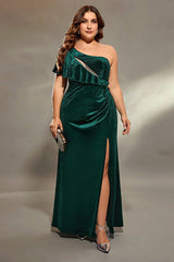 Plus Size Off-Shoulder Evening Dress – Elegant Slit Waist-Cinching Gown for Dinner Parties and Formal Events
