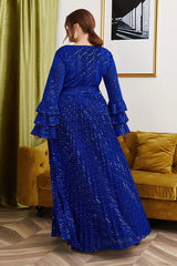 Plus Size Gold Velvet Evening Dress – Elegant Long Bell Sleeve Gown with Bronzing Design