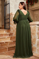 Green Long Sleeve Evening Dress – Elegant Plus Size Waist-Cinching Gown