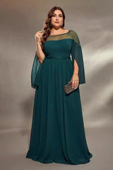 Plus Size Black Chiffon Evening Dress – Long Round Neck Bridesmaid and Mother of the Bride Gown