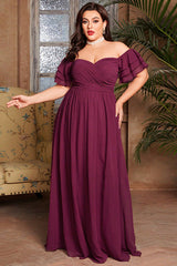 Chiffon Evening Dress – Straight Shoulder Long Bridesmaid and Bridal Gown with Loose Fit and Large Sleeves