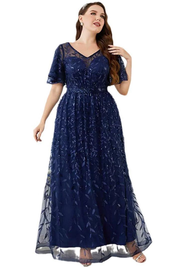 Elegant Lace Evening Dress – Simple V-Neck Mid-Sleeve Gown