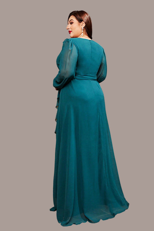 Plus Size Dress – Long Sleeve Chiffon Ruffle Mid-Length Gown