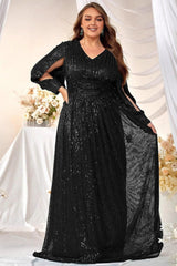 Plus Size Sequin Evening Dress – Long Sleeve V-Neck Prom Gown with Slit and Floor-Length Hem
