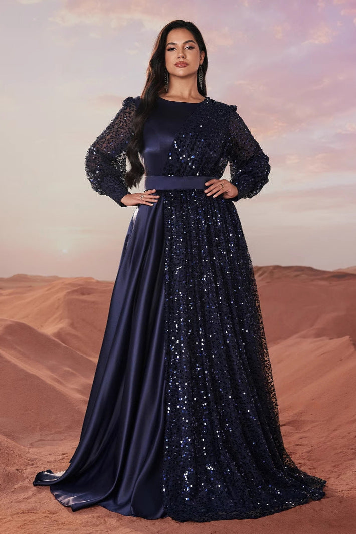 Plus Size Crew Neck with Balloon Sleeves Sequin Satin Evening Dress