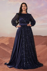 Plus Size Crew Neck with Balloon Sleeves Sequin Satin Evening Dress