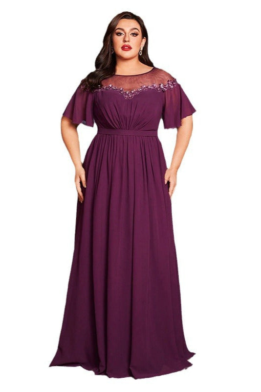 Plus Size Sequin Evening Dress – Elegant Round Neck Bridesmaid and Party Gown