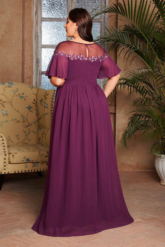 Plus Size Sequin Evening Dress – Elegant Round Neck Bridesmaid and Party Gown