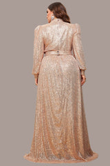 Plus Size High Neck Sequin Evening Dress – Long Sleeve Solid Color Banquet Gown