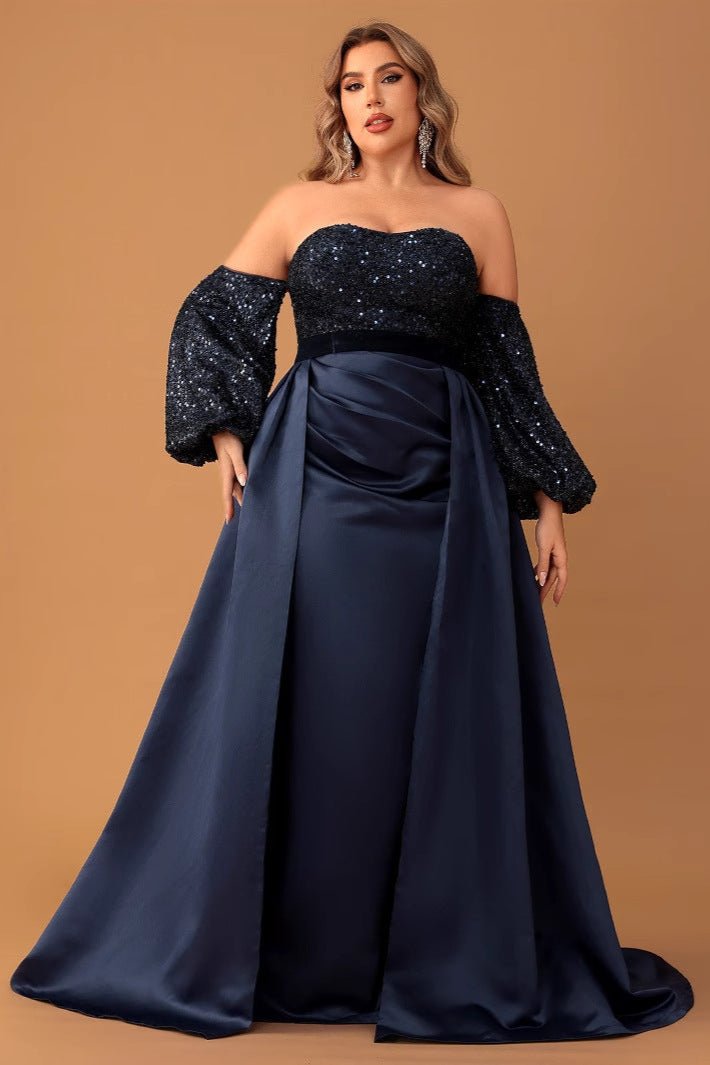 Plus Size off Shoulder Sequin Satin Evening Dress with Balloon Sleeve