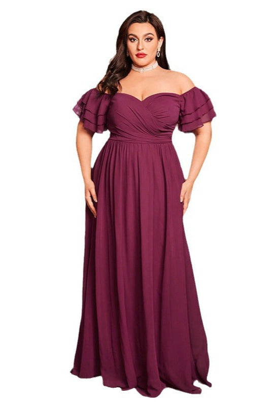 Chiffon Evening Dress – Straight Shoulder Long Bridesmaid and Bridal Gown with Loose Fit and Large Sleeves