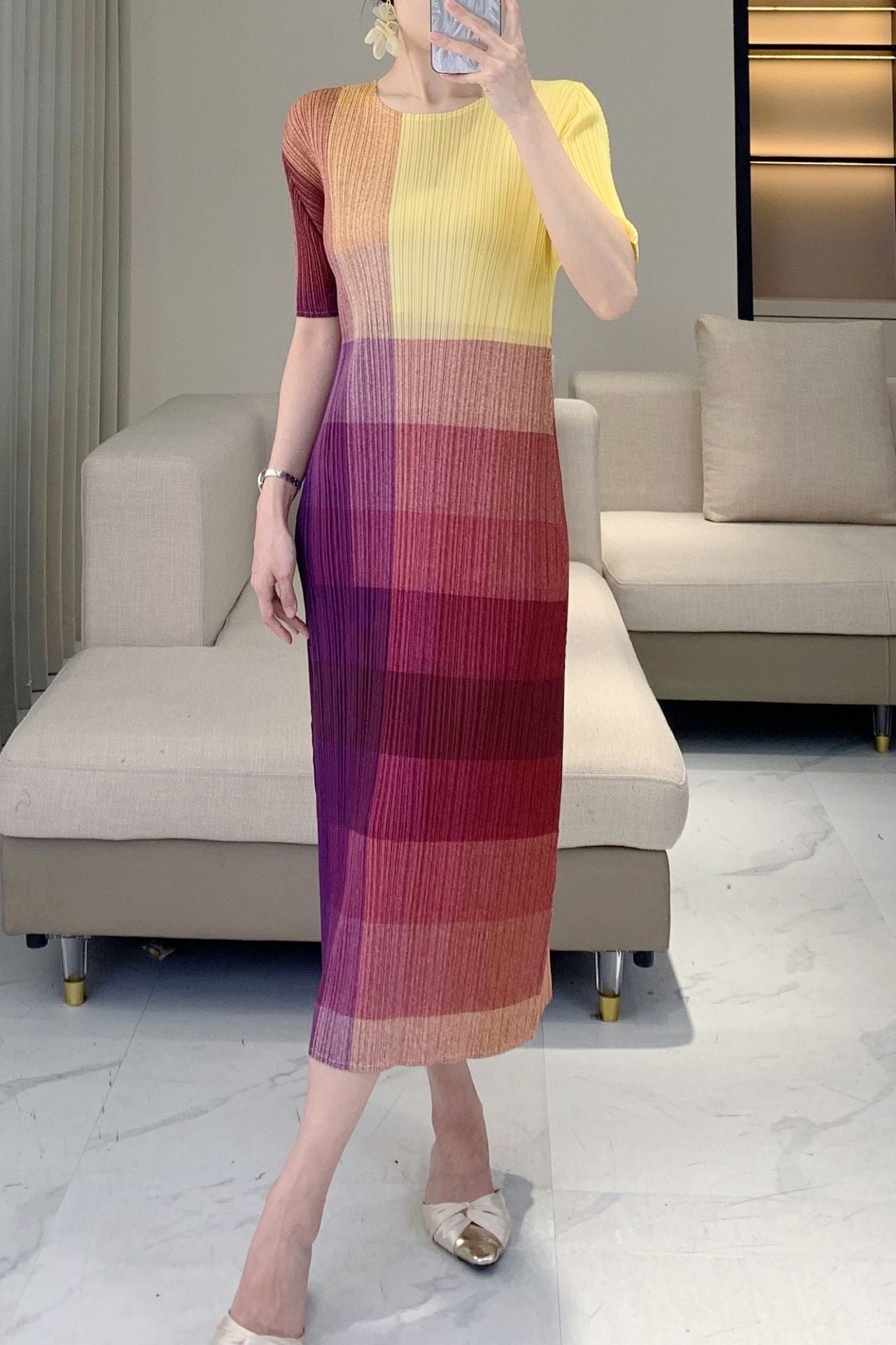 Women’s Colorblock Pleated Dress – Dopamine Bright Midi, Fashion Slim Fit Style