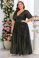 Plus Size Shiny V-Neck Formal Dress – Short Sleeve Swing Style with Back Zipper