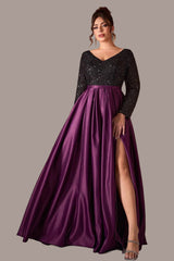 Black Satin Sequin Evening Gown – V-Neck Long Sleeve Elegant Prom & Host Dress