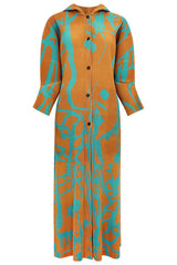 Pleated Printed Hooded Cloak Dress – Long Sleeve Single-Breasted Style