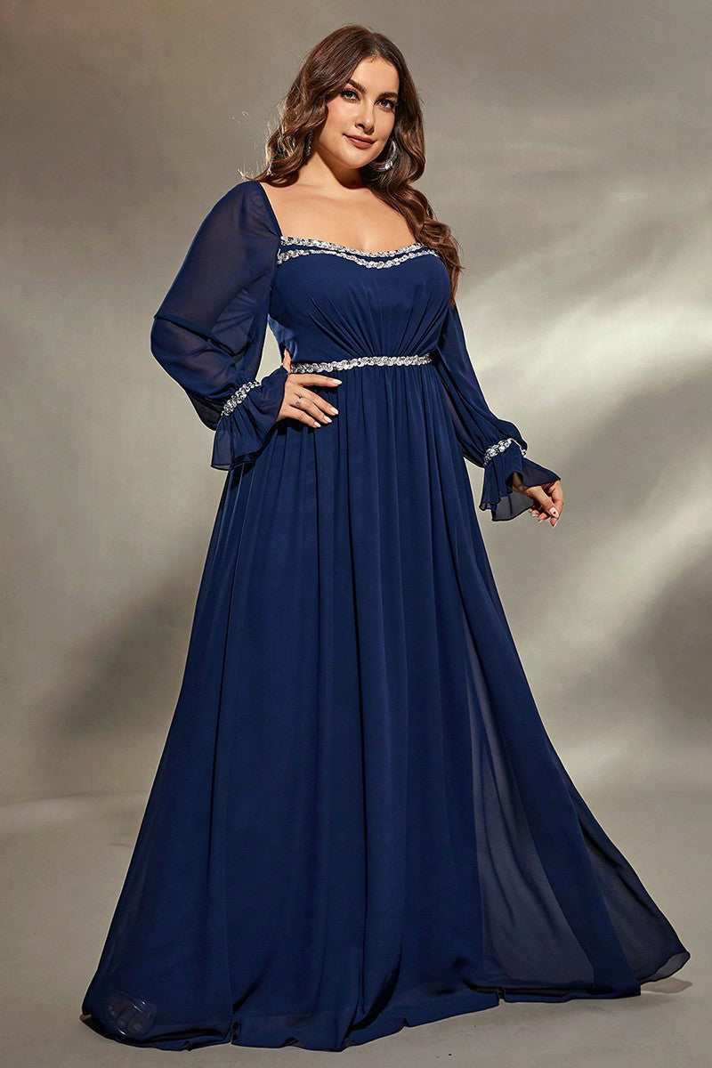 Plus Size Chiffon Evening Dress – Elegant Long Sleeve Square Neck Gown for Prom and Formal Parties