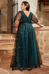 Fairy Style Evening Dress – Sparkling V-Neck Swing Gown with Puff Sleeves