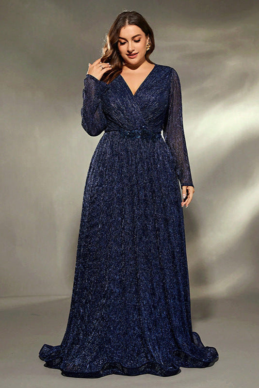 Plus Size Sequin Formal Dress – Noble Long Sleeve Evening Gown