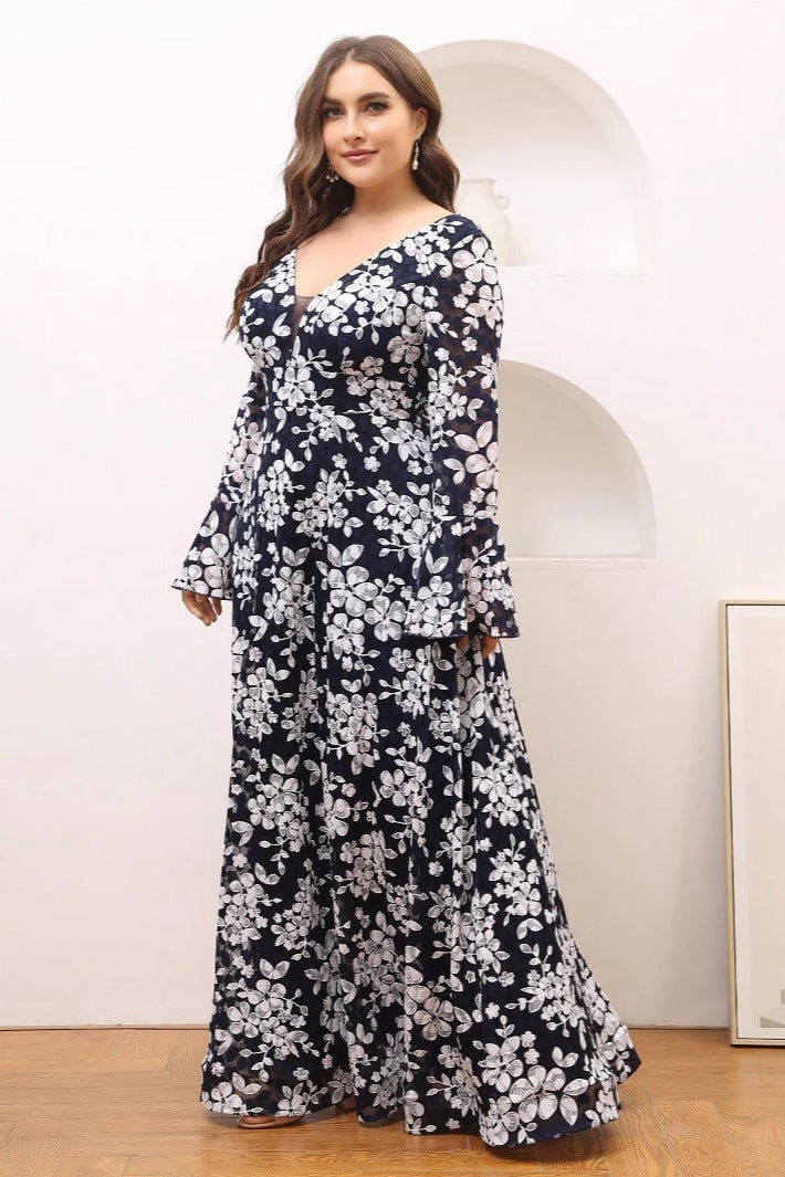 Plus Size Floral Evening Dress – Slim Fit Long Sleeve Gown with Bell Sleeves for Annual Meetings and Parties