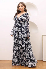 Plus Size Floral Evening Dress – Slim Fit Long Sleeve Gown with Bell Sleeves for Annual Meetings and Parties