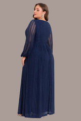 Plus Size Shiny Pleated V-Neck Evening Gown – Long Sleeve A-Line Formal Dress