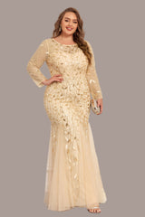 Plus Size Embroidered Evening Gown – Long Sleeve Round Neck Mermaid Formal Dress
