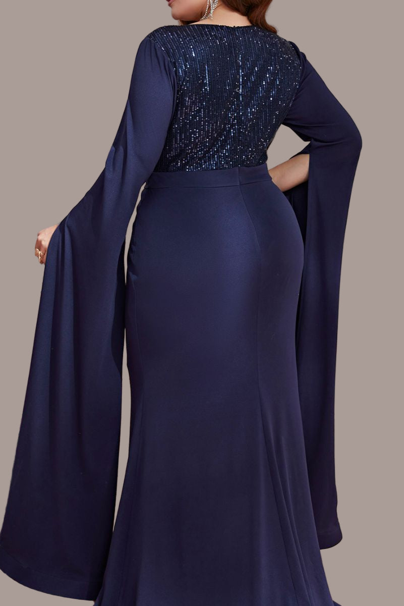 Plus Size Sequin Evening Dress – Long Sleeve V-Neck Gown with Slit