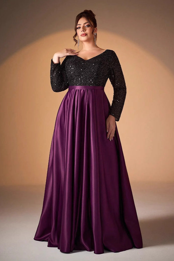 Black Satin Sequin Evening Gown – V-Neck Long Sleeve Elegant Prom & Host Dress