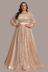 Plus Size Crew Neck with Balloon Sleeves Sequin Satin Evening Dress