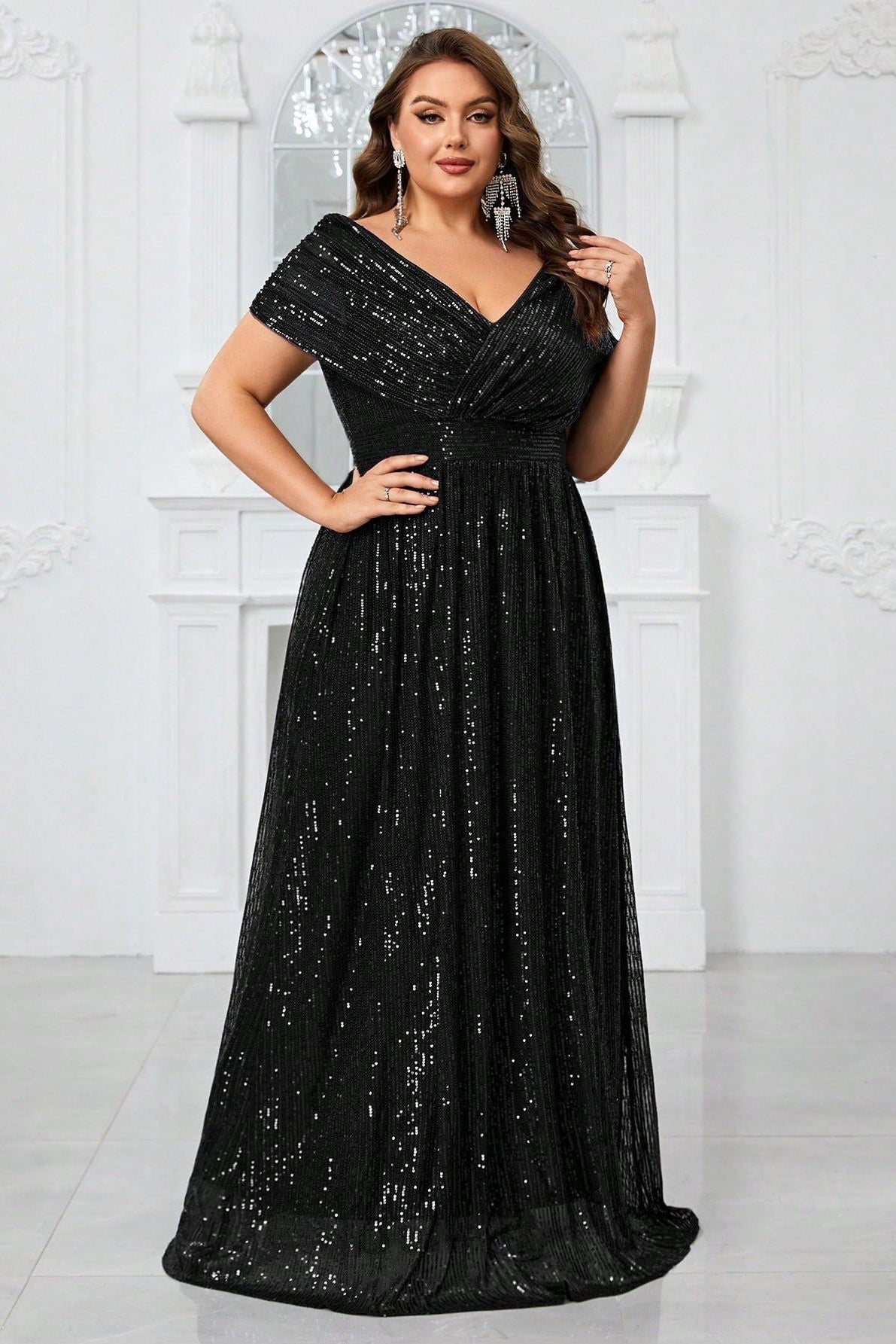 Shiny Sequin Plus Size V-Neck Dress – Shawl Sleeve Formal Evening Wear