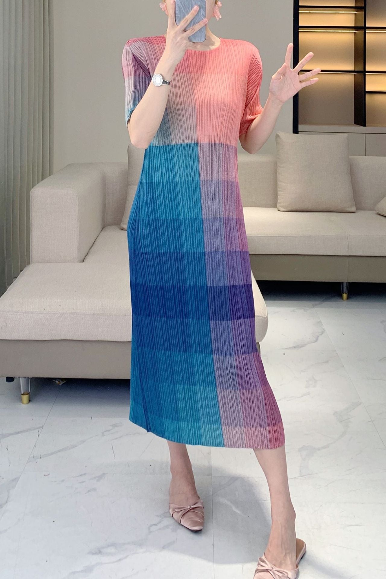 Women’s Colorblock Pleated Dress – Dopamine Bright Midi, Fashion Slim Fit Style