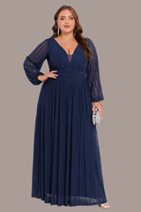Plus Size Shiny Pleated V-Neck Evening Gown – Long Sleeve A-Line Formal Dress