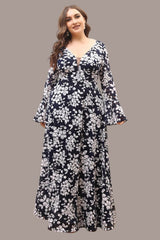 Plus Size Floral Evening Dress – Slim Fit Long Sleeve Gown with Bell Sleeves for Annual Meetings and Parties