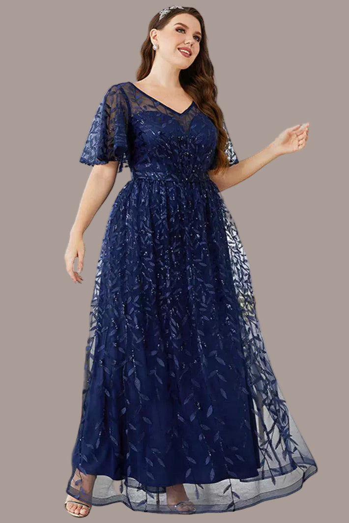Elegant Lace Evening Dress – Simple V-Neck Mid-Sleeve Gown