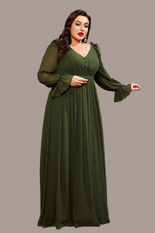 Green Long Sleeve Evening Dress – Elegant Plus Size Waist-Cinching Gown