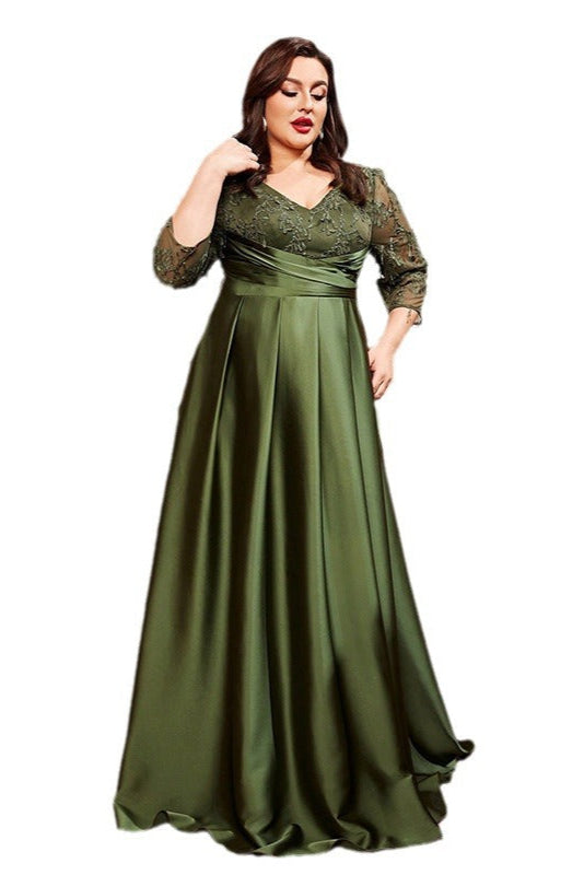 Plus Size Satin Evening Dress – Elegant V-Neck Long Sleeve Gown with Sequins and Slim Long Skirt for Women