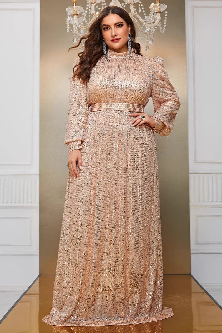 Plus Size High Neck Sequin Evening Dress – Long Sleeve Solid Color Banquet Gown