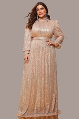 Plus Size High Neck Sequin Evening Dress – Long Sleeve Solid Color Banquet Gown