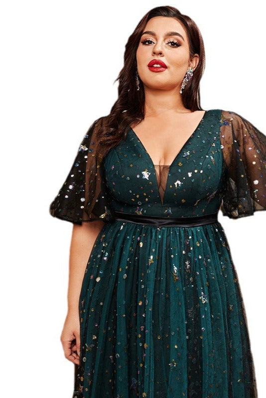 Fairy Style Evening Dress – Sparkling V-Neck Swing Gown with Puff Sleeves