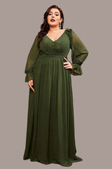 Green Long Sleeve Evening Dress – Elegant Plus Size Waist-Cinching Gown