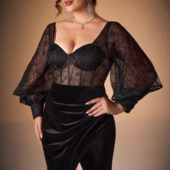 Sexy Long Sleeve Evening Dress – See-Through Low Cut Slit Gown