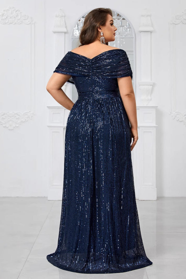 Shiny Sequin Plus Size V-Neck Dress – Shawl Sleeve Formal Evening Wear